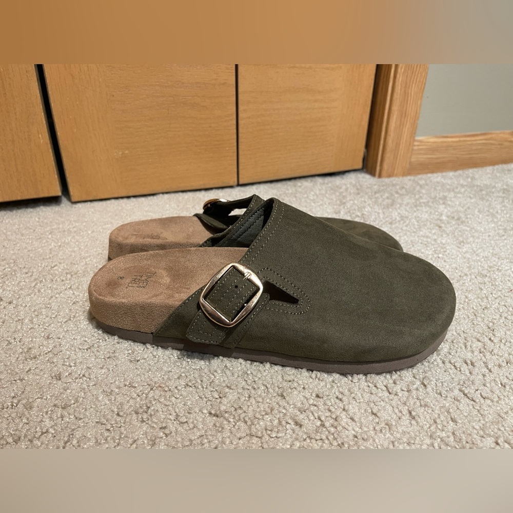 NWOT Time and Tru Olive faux suede mules